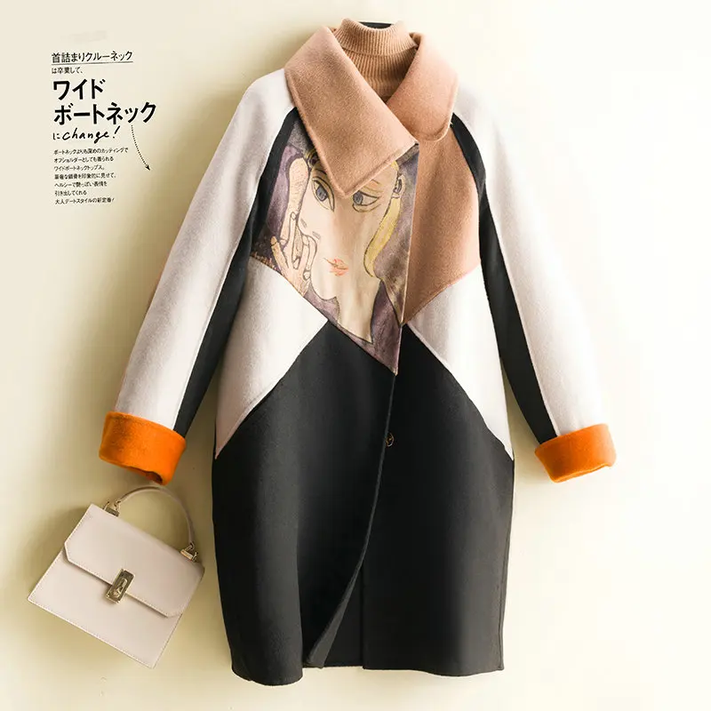 

2023 autumn and winter personality double-sided cashmere coat women's mid-length stitching popular high-end loose coat