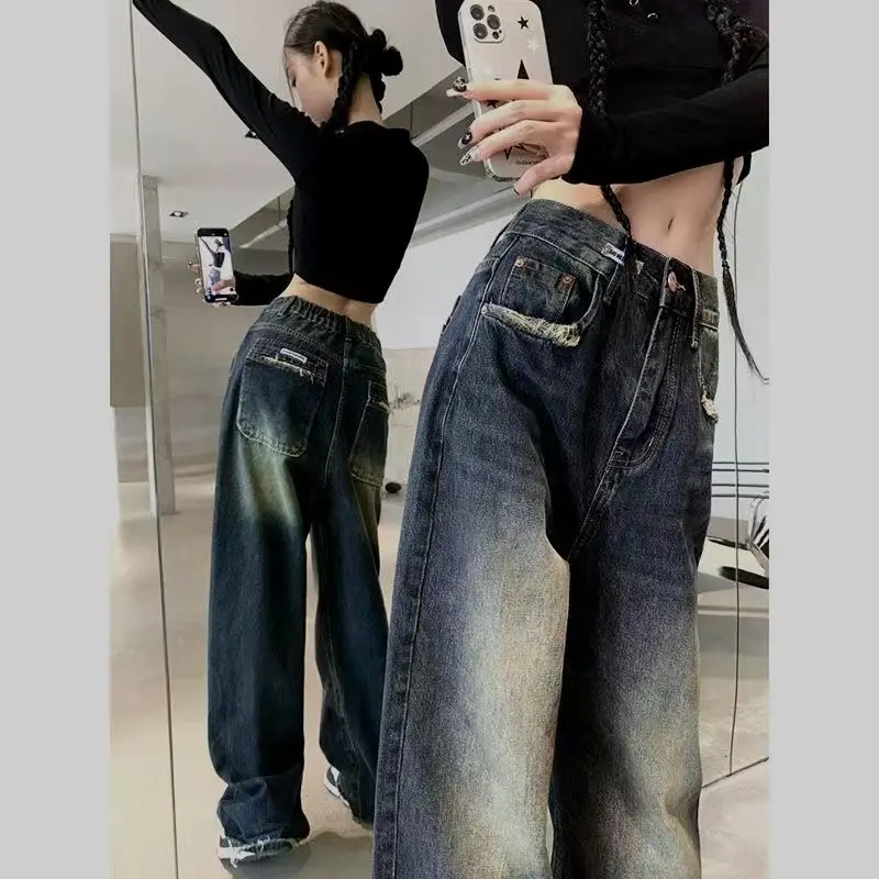 

Fashion Washed Worn Jeans Women's Design Patch High Waist Loose Straight Wide Leg Pants Elastic Waist Vintage Baggy Jeans Woman