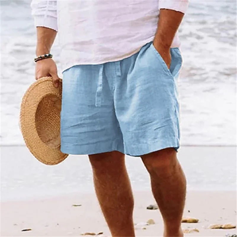 Summer Men's Casual Shorts Linen Cotton Breathable Solid Color Drawstring Elastic Waist Straight Five Pants Daily Beach Shorts