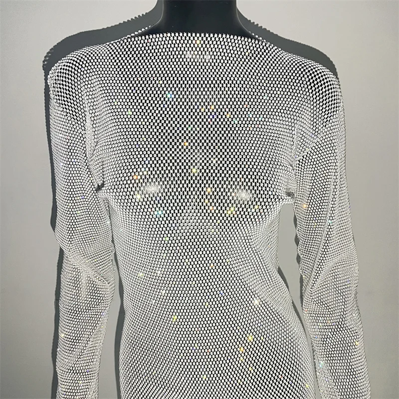Strass hand gefertigte Mesh Kristall Kleid Trimmen Langarm Bodycon Mini aushöhlen O-Neck Party Pailletten Kleider für Frauen – Detail 13