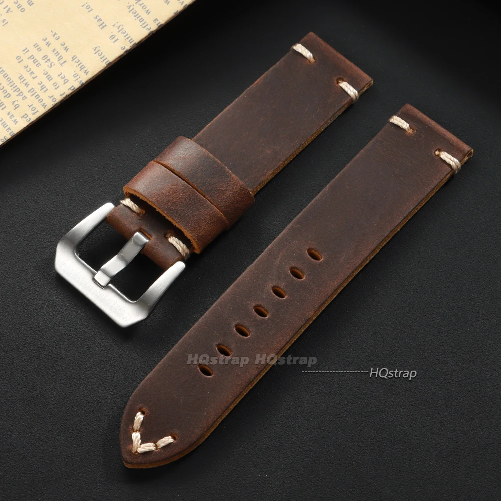 Vintage Crazy Horse Leather Handmade Watch Band with Stitching Details