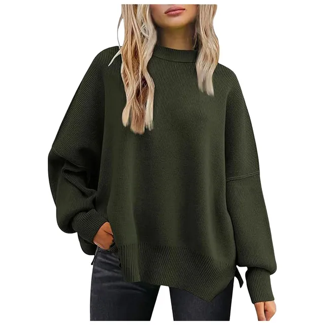 Fashion Solid Crew Collar Knitted Crew Neck Batwing Long Sleeve Knit Side Slit Pullover Women'S Clothing свитер женский оверсайз 3