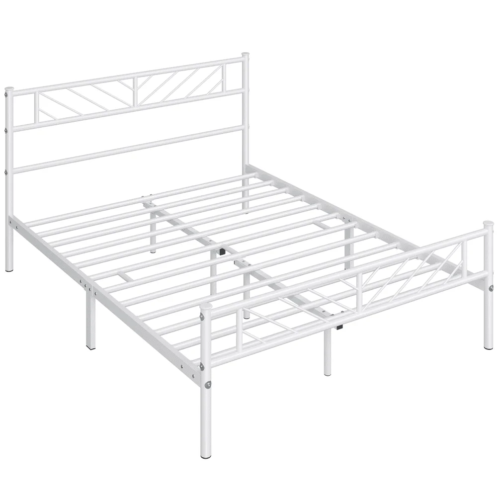 Metal Platform Bed with Arrow Design, Queen, White