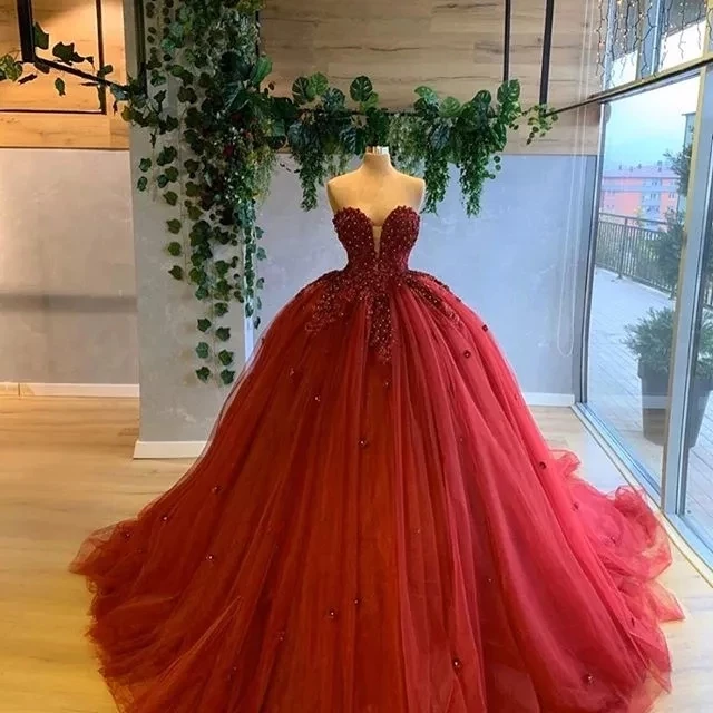 

ANGELSBRIDEP Burgundy Sweetheart Quinceanera Dresses Fashion Handlemake Flower Applique Tulle Formal Wedding Party Gowns