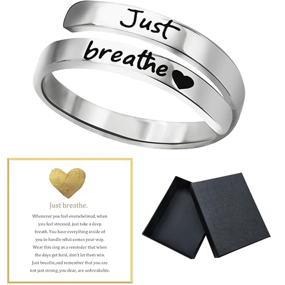 Just-Breathe-Herzring für Damen und Herren, Edelstahl-Spiralring, Heilungsringe, inspirierende Herzgeschenke mit Box
