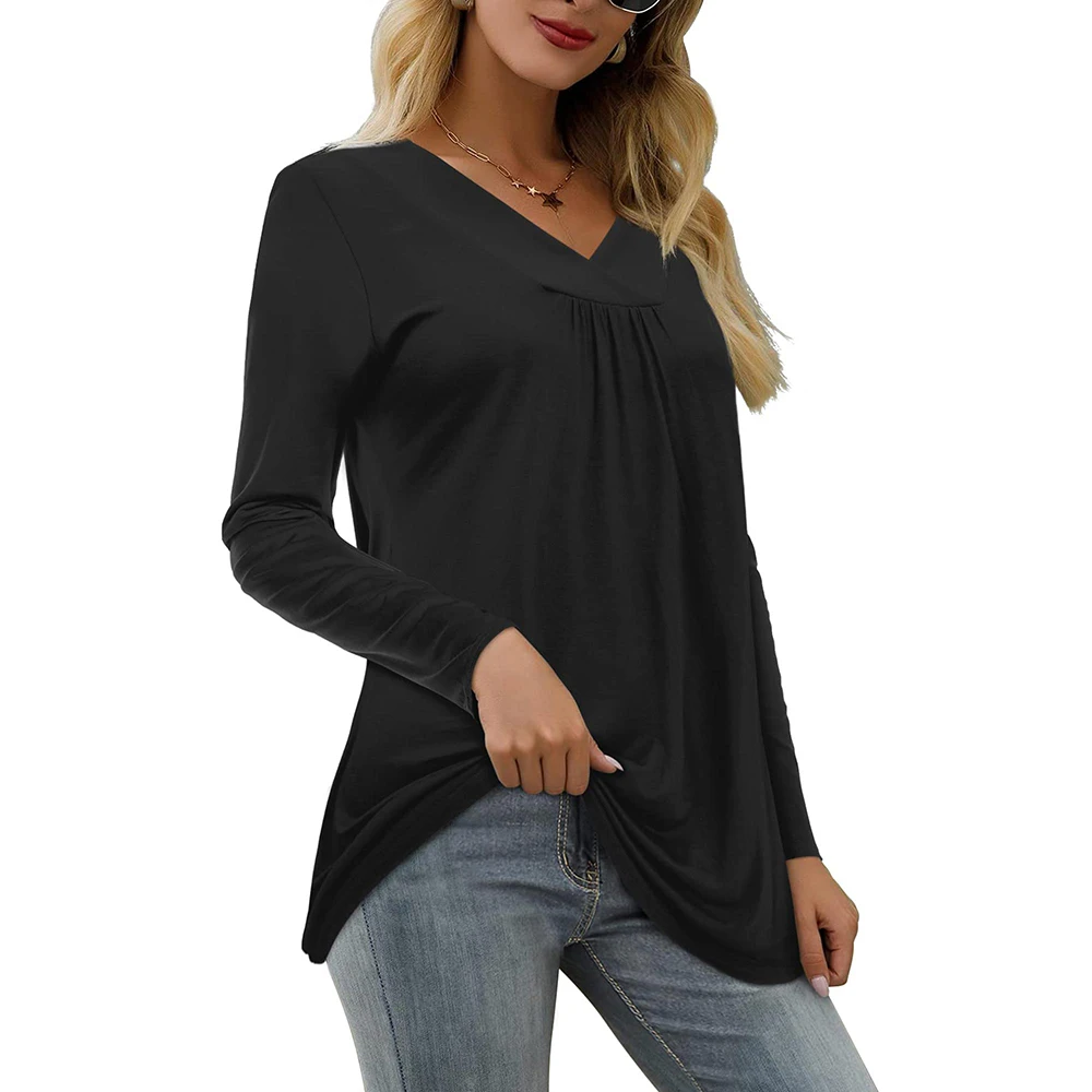 Damen Elegant Loose Fit Kurzarm Frühling T-Shirt V-Ausschnitt Casual Loose Basic Tunika Top Sommer Baumwollmischung Bluse Free87_voghion.com