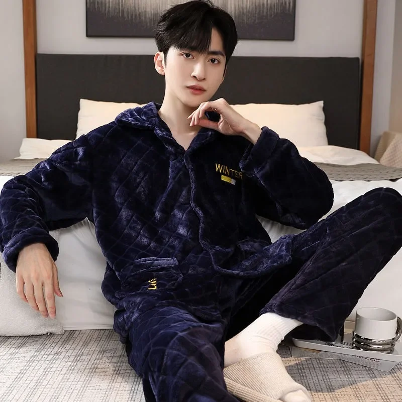 2024 New Men Pajamas Autumn Winter Warm Homewear Young People Can Wear Flannel Sleepwear Thicken Loose V-neck Warm Loungewear