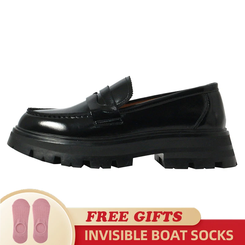 

Women Summer British Style Pumps Platform Thick Sole College Shallow Slip-On Casual Loafers Genuine Leather Fashion Female Shoes
