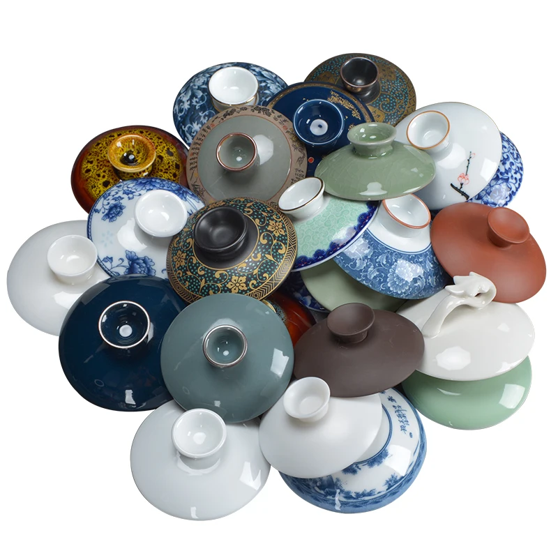 Cover Bowl Tea Cup Single Lid Accessories White Porcelain Blue and White Flower Cover Bowl Lid Sancai Gaiwan Tea Set Accessories