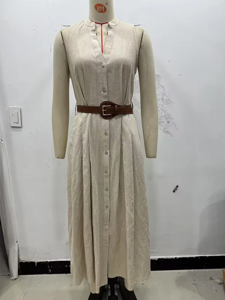 2025 Pleated Dress Woman Belt Sleeveless Long Dresses for Women Casual Summer Midi Dress Women Holiday Women's Dress