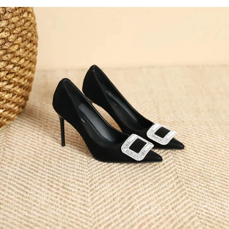 

New Silk Style Slim Heel High Heel Shoes with Square Buckle Black Versatile Single Shoes
