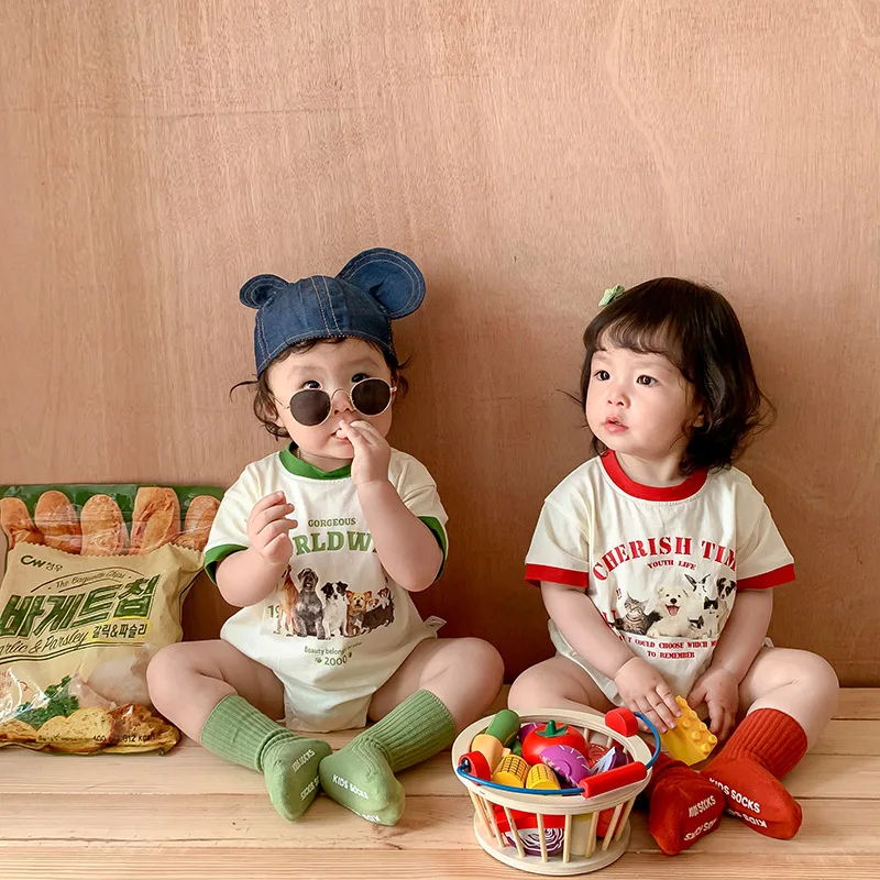 

2023 Newborn Baby Girls Triangle Romper Roundneck Short Sleeve Pattern Printed Cotton Bodysuit Sock Infant Girl Casual Outfits