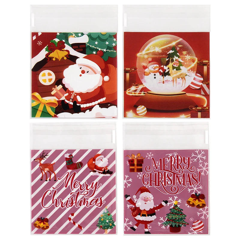 

100pcs Christmas Self Adhesive Plastic Candy Cookie Bags Santa Snowman Gift Bag New Year Party Snack Biscuit Baking Wrapping Bag