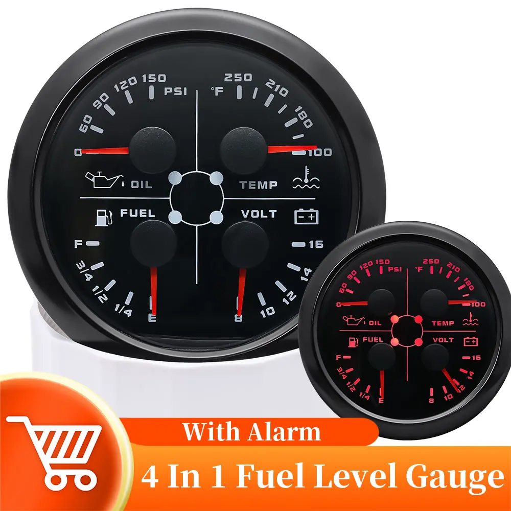 85mm Oil Pressure Water Temperature VOLT Fuel Gauge With Flashing Alarm