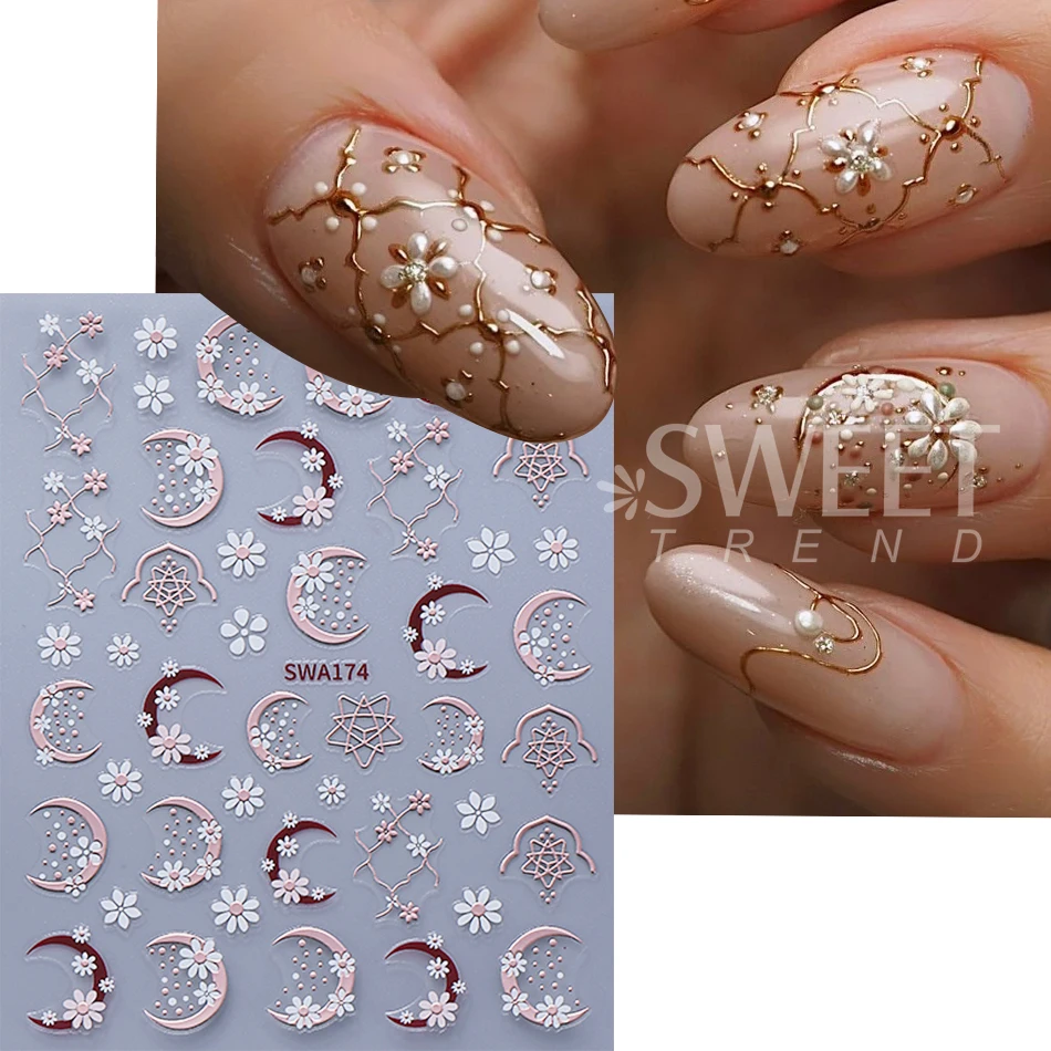 2pcs Metallic Florals Nail Stickers 3D Gold Rose Gold Moon Daisy Petals Simple Nail Decals Bohemia Manicure Decoration Sliders