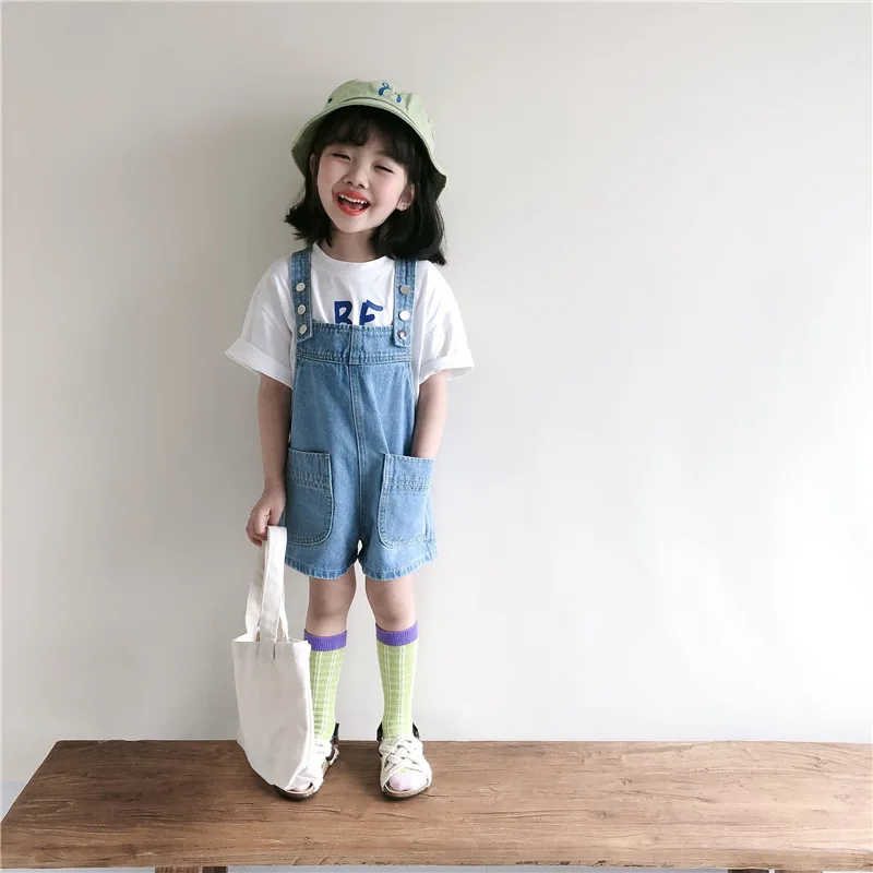 Summer Boys Girls All-match Denim Bib Shorts Korean Children Casual Five-point Shorts Adjustable Suspender Jeans