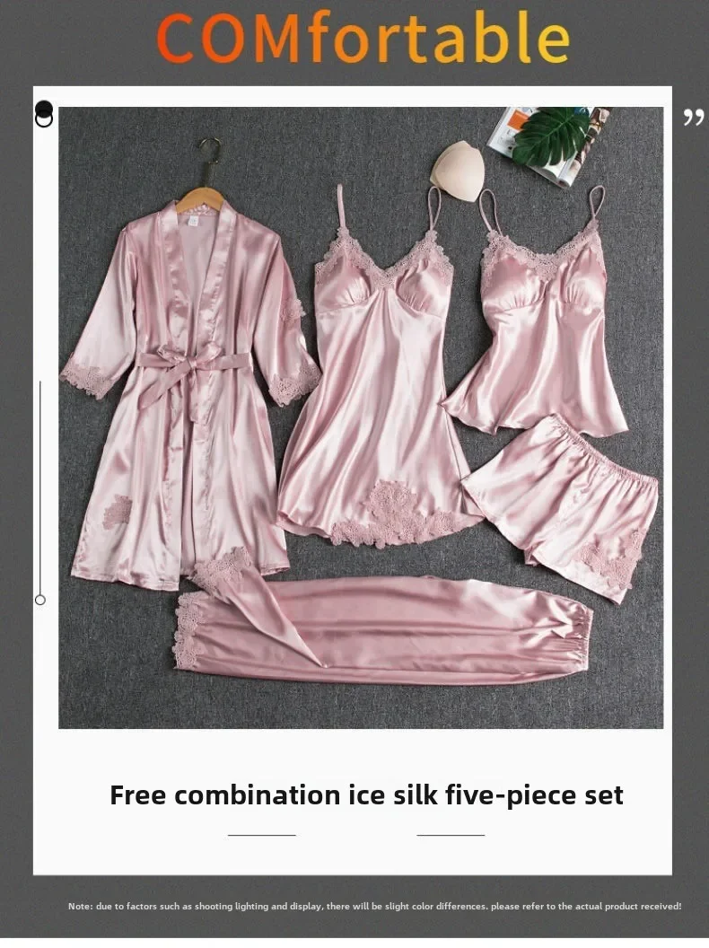 Lace Satin Women's Sleepwear Set Silk V-neck Nightgown 5 Piece_voghion.com