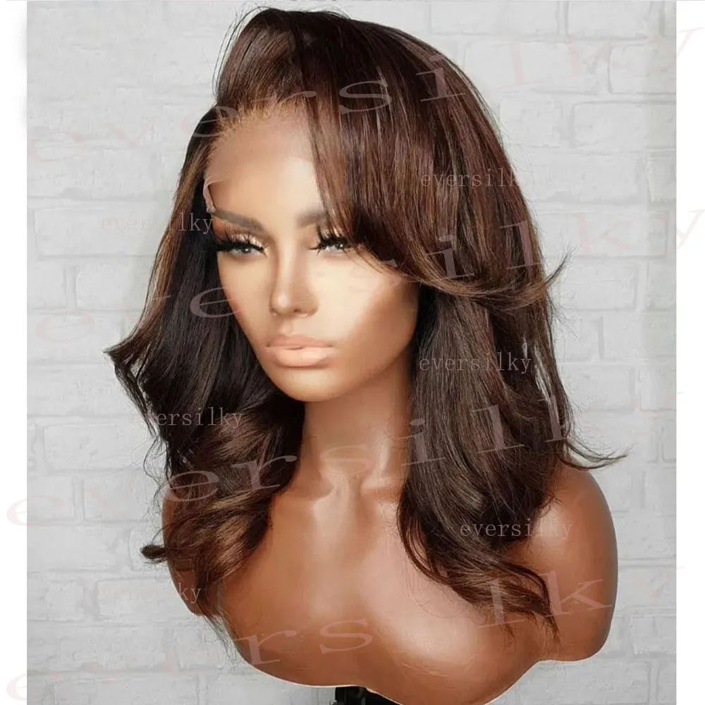 

Chocolate Brown Natural Wave 13x6 HD Lace Front Human Hair Wigs With Baby Hair 360 Lace Frontal Fringe Wig Full Lace Side Bangs