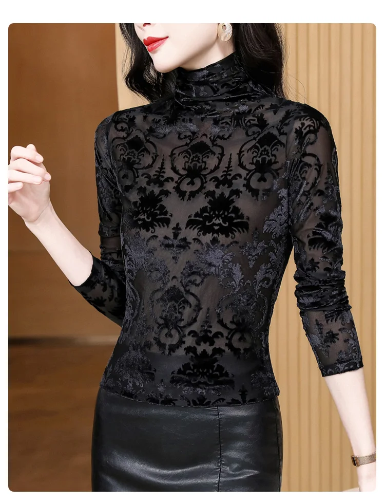 High Collar T Shirt - Korean Fashion Floral Mesh Long Sleeve Tees For Women