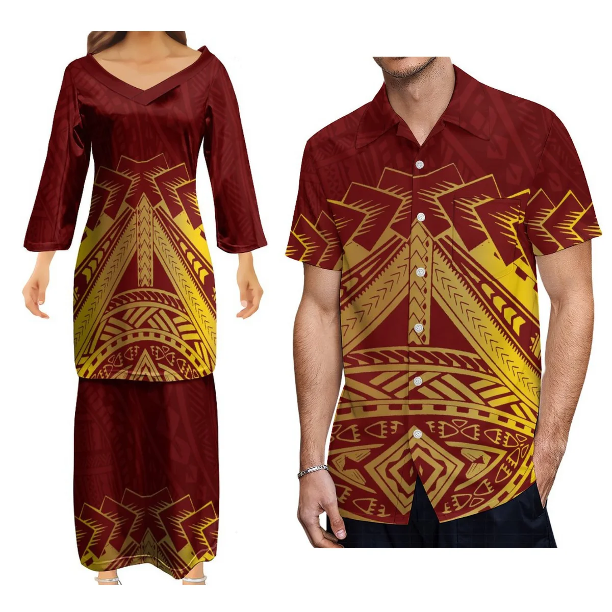 

Women'S Dress Two-Piece Puletasi Dress Polynesian Tribal Design Couple Suit With Men'S Aloha Shirt