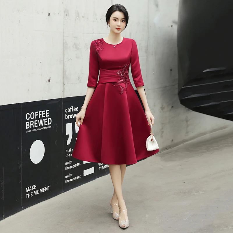 

Evening Dress Burgundy Satin O-neck Appliques Bling Three Quarters Sleeves Pleat A-line Tea-length Plus size Party Dresses C1768
