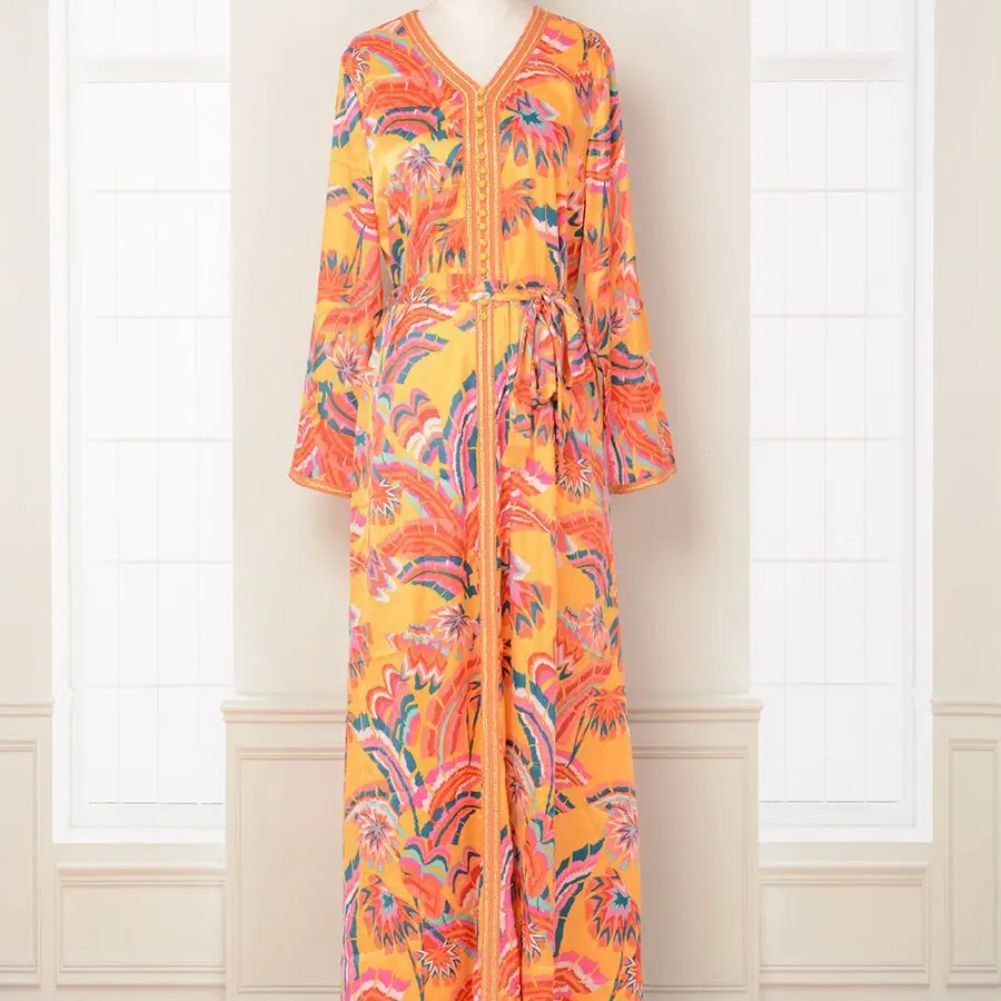 Fashionable Women Arabic Clothing Printed Color Matching Smooth and Comfortable Dress