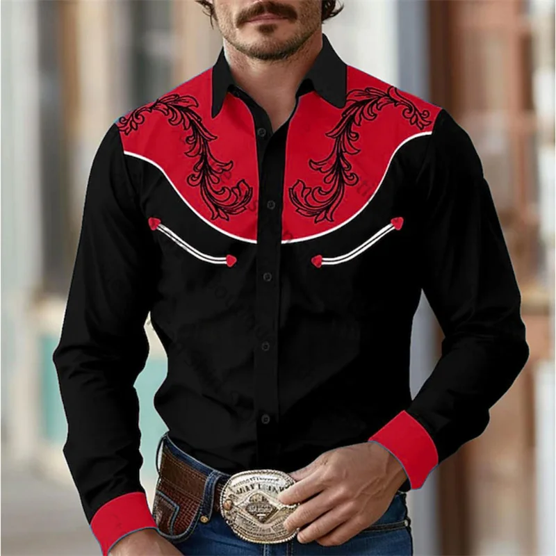 thumbnail image 1 of Camisa de hombre estilo retro occidental con estampado floral 2024, informal, para exteriores, calle, uso diario, primavera y verano, con solapa, manga larga, color negro, tallas S a 5XL, tejido elást, 1 of 5