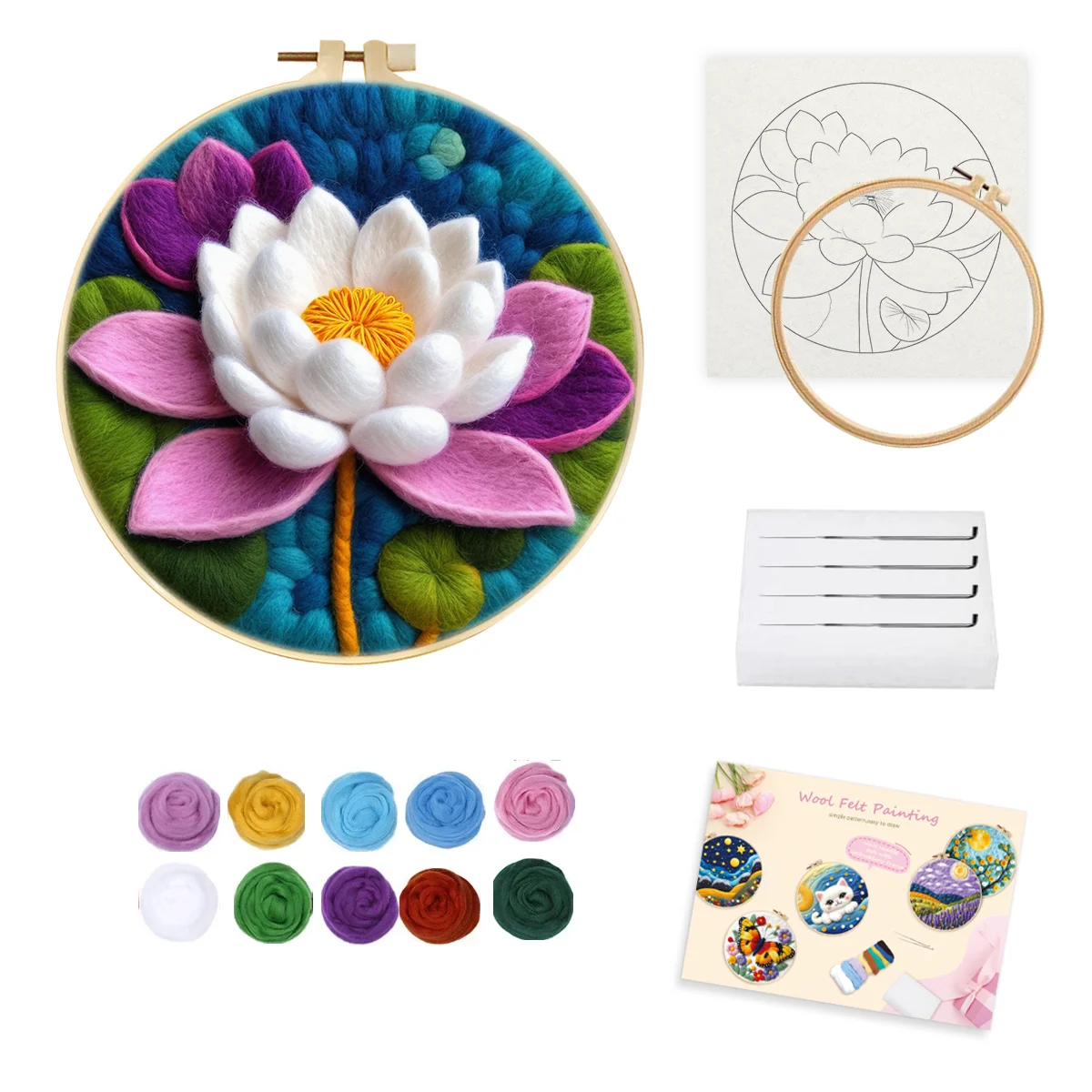 RUOPOTY 1 Pack Needle Felting Wool Lotus Flowers Wool Needle Felt Painting For Adults Kits Wool Felting Yarn Supplies Diy Craft