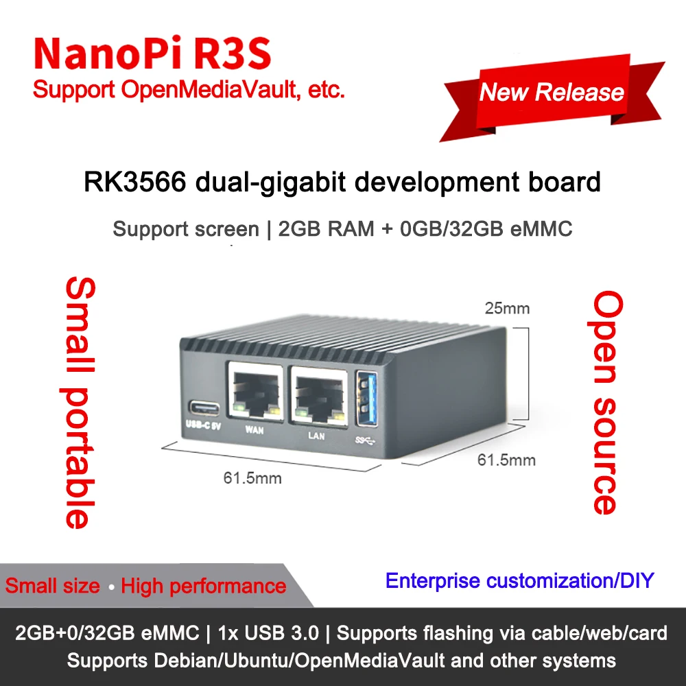 NanoPi R3S Dual-Gbps Ethernet Ports Router Rockchip RK3566 SoC Development Boards 2GB LPDDR4X Support OpenMediaVault, OpenWrt mini development board smart router
