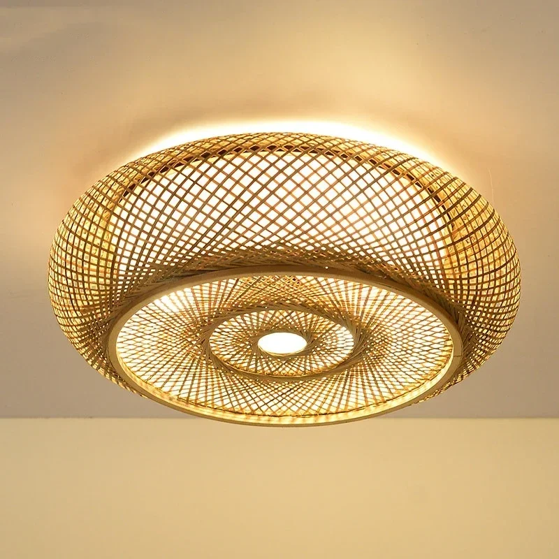 Rattan Flush Mount Ceiling Lights Fixture Boho Handmade Ceiling Chandelier Home Decorative for Bedroom Kitchen Foyer