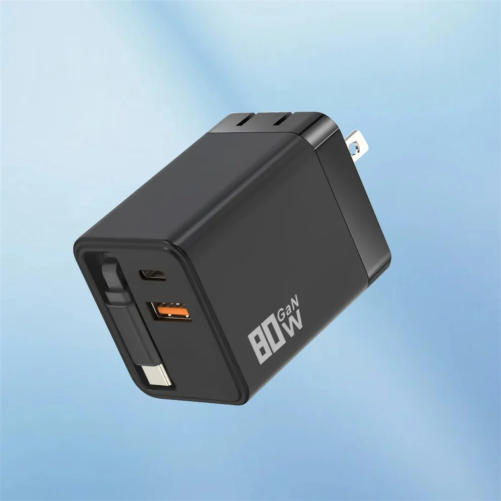 Зарядний пристрій GaN USB C на 80 Вт з висувним кабелем, адаптер для швидкого заряджання телефонів для iPhone, Samsung, Xiaomi, Huawei, штекер для ЄС/США/Великобританії, швидкий зарядний пристрій