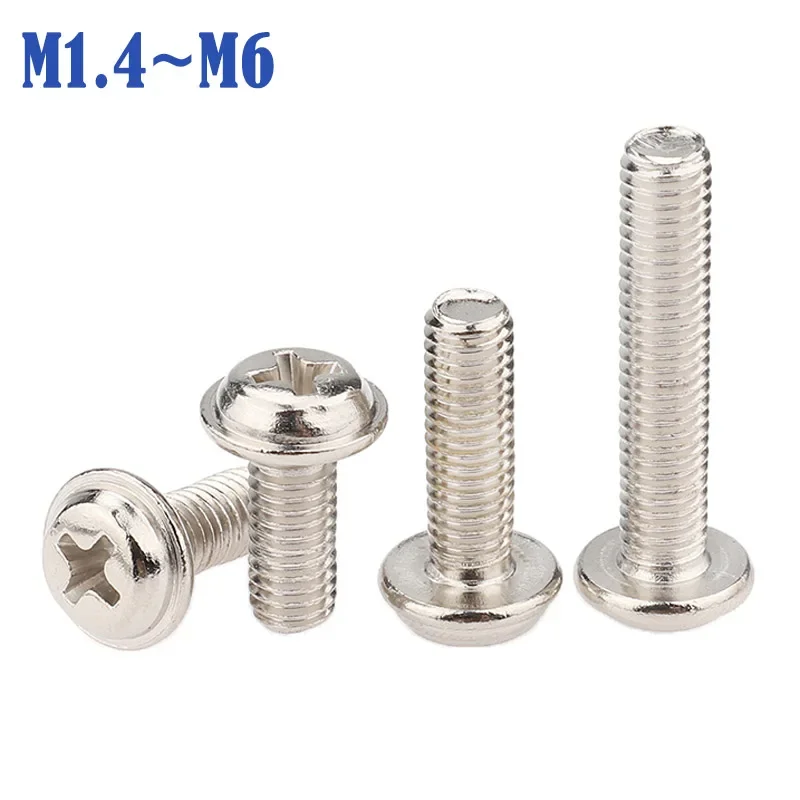 Nickel Plated Carbon steel Cross Head Machine Screw With Washer Computer Screw Pad Flange Bolt M1.4 M1.7 M2 M2.5 M3 M3.5 M4M5M6