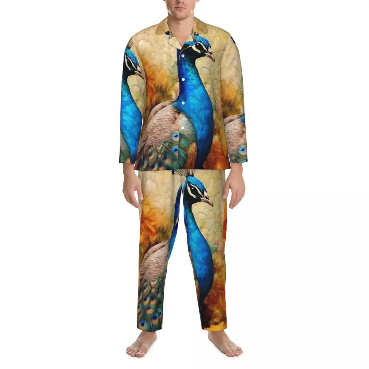 Peacock With Blue Feathers Yellow Flowers Pajama Sets Warm Sleepwear Couple Long Sleeve Retro Night 2 Pieces Home Suit Plus Size