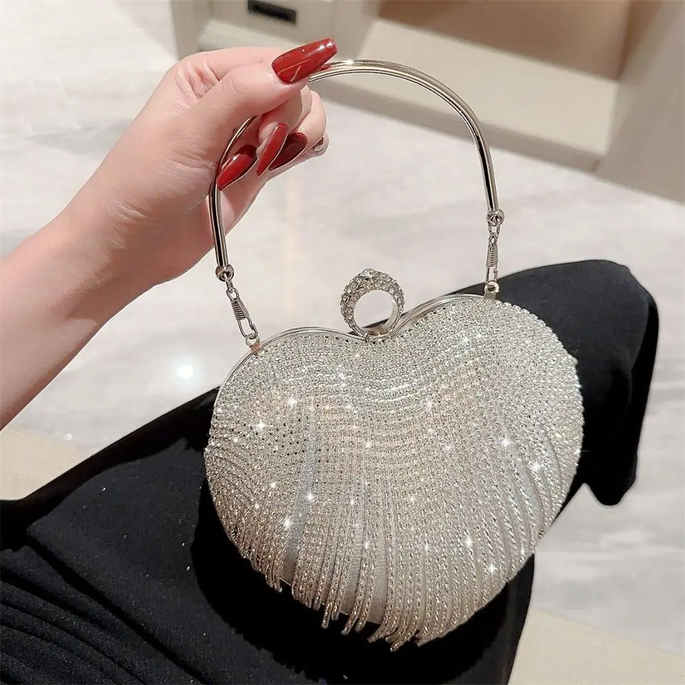 Elegant Heart-Shaped Rhinestone Evening Clutch with Tassel, Lightweight Acrylic Party Handbag with Removable Strap, Buckle Closure, Rayon Lined, No Pattern Design for Valentine'S Day main image 0