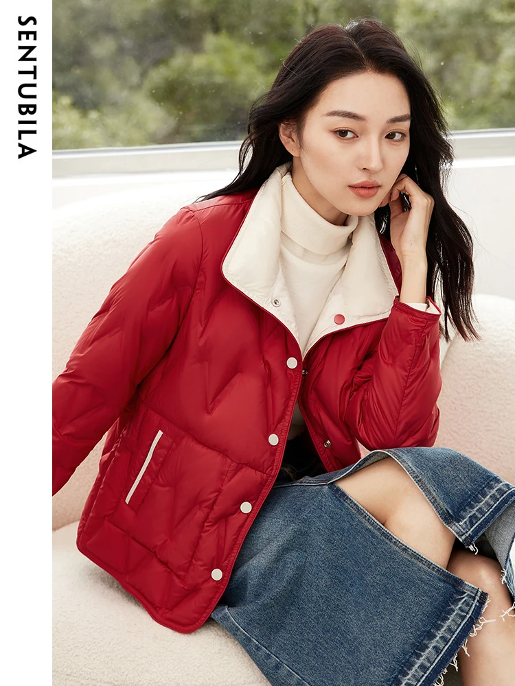 SENTUBILA Crop Down Jacket Winter for Women 2023 Elegant 90% White Duck Down Coat Stand Collar Reversible Wear Outwear W34Y49563