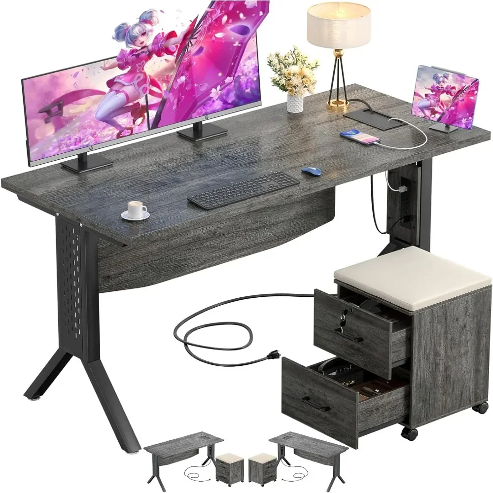 55 Gaming Computer Desk with Rolling End Table, Large Home Office Desk with File Cabinet, Sturdy Gaming Desk with Thick Desktop