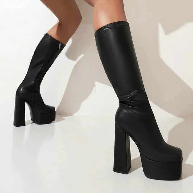 2022 Women Knee High Boots Platform Square High Heel Ladies Calf Boots Pu  Leather Side Zipper Dress Women's Shoes Black White - Women's Boots -  AliExpress