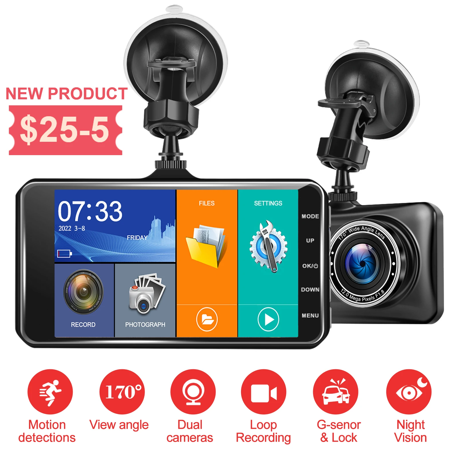 3 in. Screen Dual Dash Cam with Front Rear Camera G-Sensor Motion Detection  Parking Monitor Night Vision Loop Recording