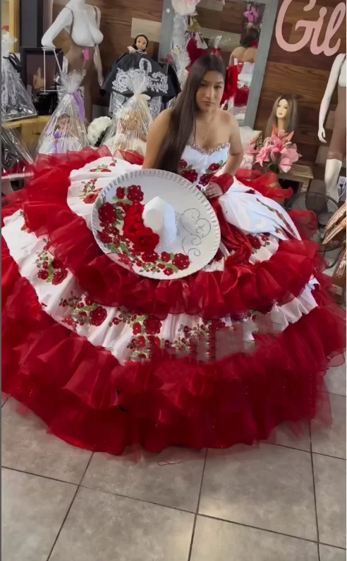 Red Charro Charro Quinceanera Dresses For Sale White Red Mexican Charro Quinceanera  Dress 2025 Lace-up