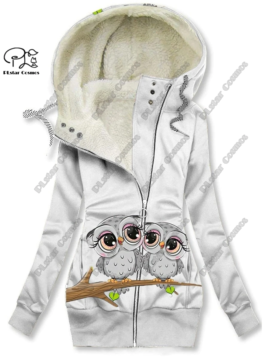 New 3D printed animal series cute owl pattern plus velvet warm women's long zipper hoodie coat commuting casual winter M-1