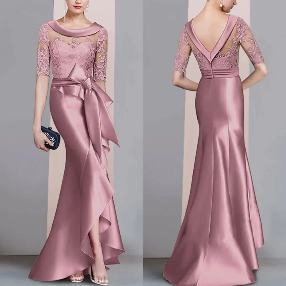

Элегантное розовое кружевное атласное вечернее платье, платья для матери невесты, платье с бантом и открытой спиной, формальное платье для вечеринки, плиссированное платье