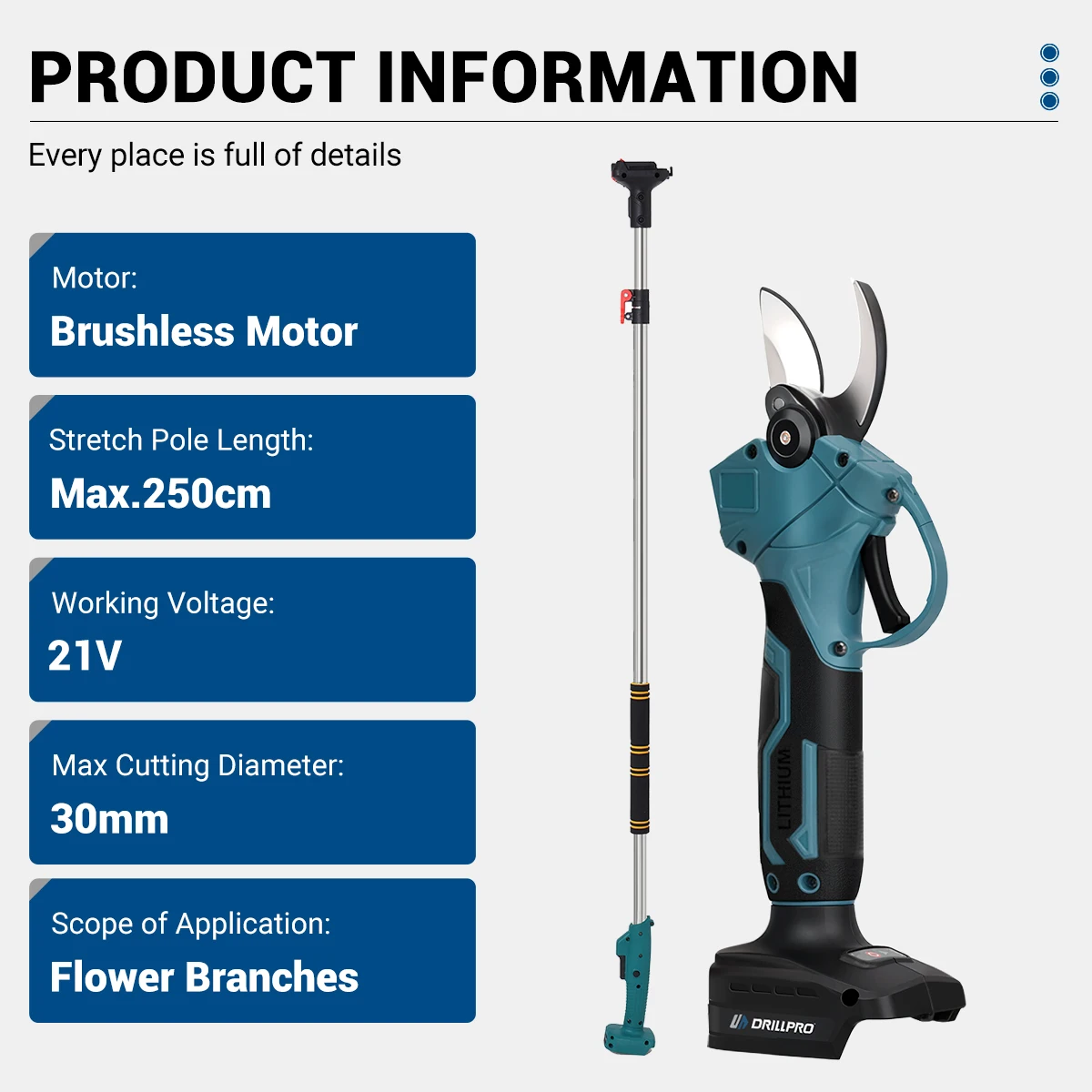 30mm 21V Brushless Motor Cordless Electric scissors Pruner pruning Shears Fruit Tree 250cm Extendable Pole For Makita Battery 5