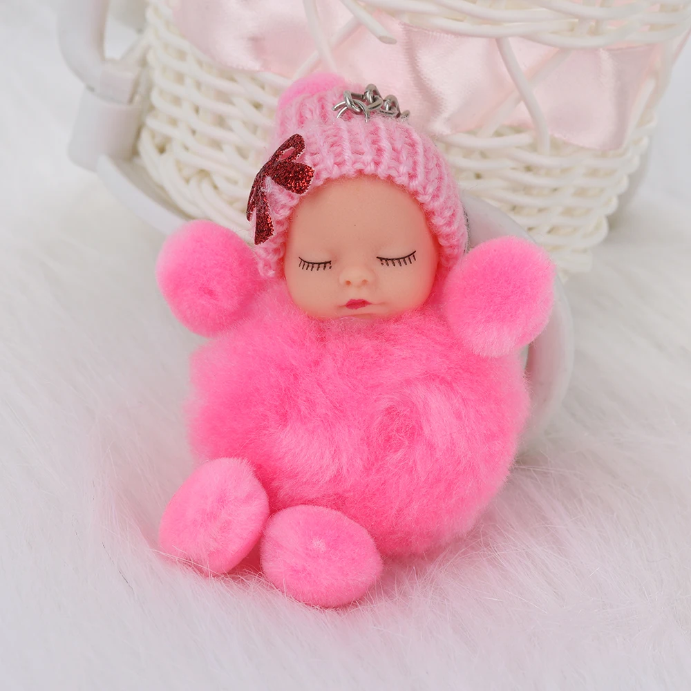 Cute Sleeping Baby Bowtie Fluffy Pompom Fur Plush Doll Keychain 1 Pcs