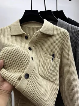 High-end Waffle Knitted Cardigan 2023 Autumn/Winter New Fashion Men's Polo Collar Korean Knitted Sweater Casual Solid Coat 1