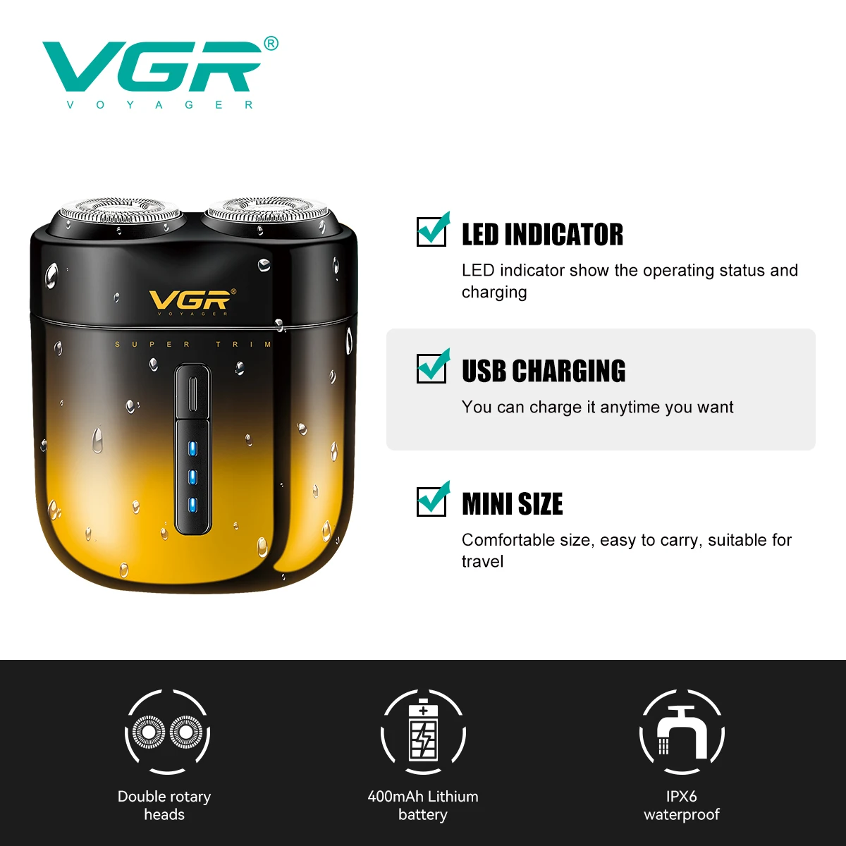 VGR v-348 새로운 편리한 전기 면도기 그라데이션 메탈 면도기 이중 날 면도기 남성용 면도기 가정용 여행용 미니 USB 헤어 트리머