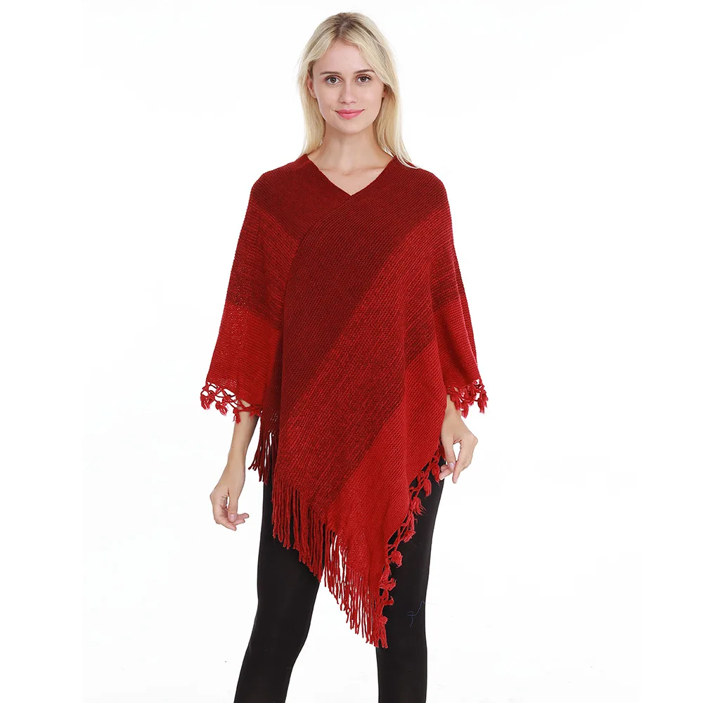 

Spring Autumn Women Knitting Pullover With Patchwork Tassel Cloak Stripe Fashion Street Poncho Lady Capes Red Cloaks