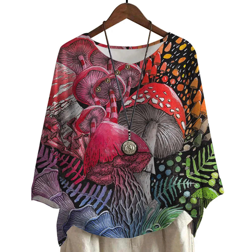 

Женская футболка CLOOCL, пуловер на пуговицах, футболка с длинным рукавом и круглым вырезом, свободные повседневные топы, блузка с принтом в виде псилоцибина и грибов, Новинка