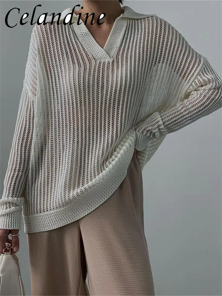 

Celandine Turn Down Collar Knit Loose Pullovers Tops Women Summer Autumn Casual See Through Long Sleeve Sweaters Jumpers 2023