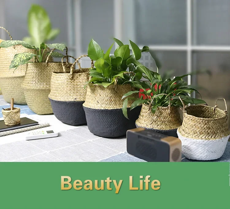 Handmade Bamboo Storage Baskets Foldable Laundry Straw Patchwork Wicker Rattan Seagrass Belly Garden Flower Pot Planter Basket