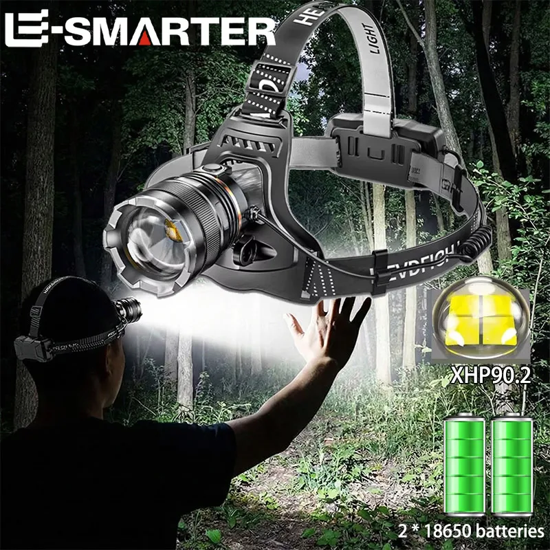 Lampe frontale LED rechargeable pêche puissante détecteur optionnel compatible piles 18650